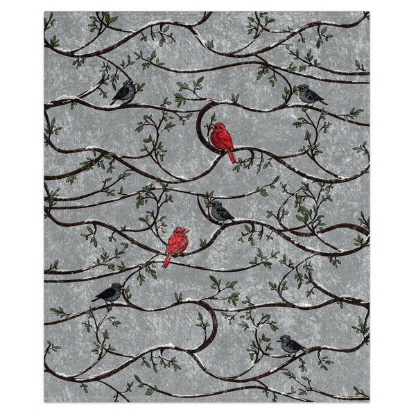 Pattern of red and black birds on snowy branches with a gray background