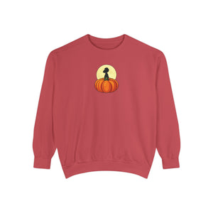 Blue jean sweatshirt with 'Great Pumpkin Halloween Fall' design on a plain background