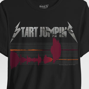Person wearing a berry t-shirt with 'Virginia Tech Metallica Seismograph Chart' design on a plain background