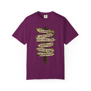 Pink t-shirt with 'Horror Road Sign Halloween' design on a white background
