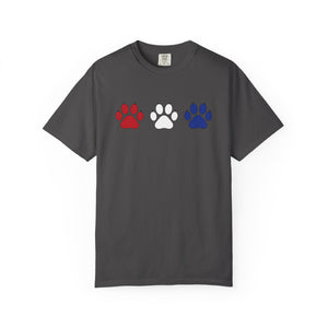 Gray t-shirt with red, white, and blue paw prints on a white background