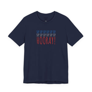 Black t-shirt with embroidered red white and blue text design on a white background