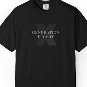 Black t-shirt with embroidered Gen X  text on a white background