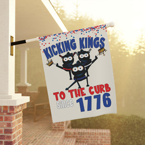 Funny July 4th garden flag banner with ninjas and text Kicking Kings to the Curb since 1776 on an off white background, hanging from pillar