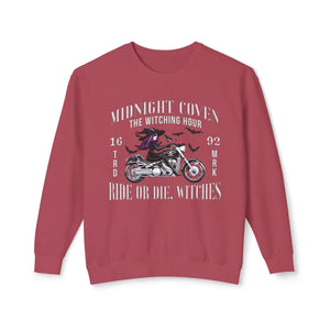 White sweatshirt with 'Ride or Die Witches Halloween' design on a plain background