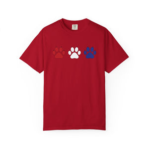Red t-shirt with red, white, and blue paw prints on a white background