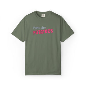 Green t-shirt with embroidered text that says Pass the Potatoes 