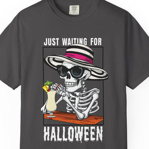 Gray t-shirt with skeleton design and 'Just Waiting for Halloween' text on a white background
