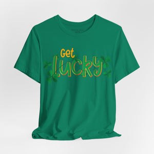 Black t-shirt with 'Get Lucky Funny St. Patrick's Party' design on a white background