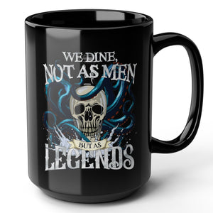 Black ceramic mug with a pirate skull design and text on a white background