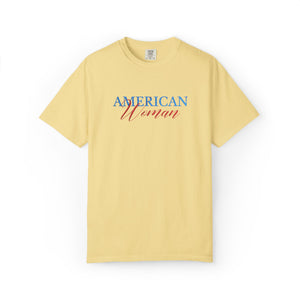 Yellow t-shirt with 'American Woman' text on a white background