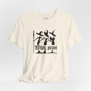 Beige t-shirt with witch graphic and 'Witch Please' text on a white background 