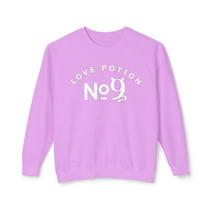 Hydrangea sweatshirt with 'Love Potion No 9 Halloween' design on a plain background