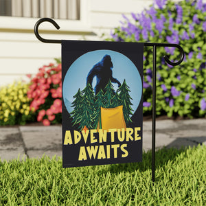 Garden flag with 'Adventure Awaits Bigfoot Camping Funny' design