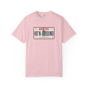 Pink t-shirt with a humorous holiday license plate design on a white background