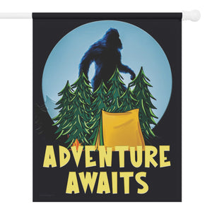 Garden flag with 'Adventure Awaits Bigfoot Camping Funny' design