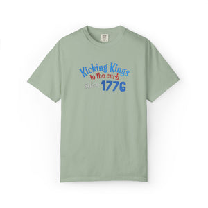 Light green t-shirt with colorful text on a white background