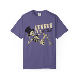 Burnt orange t-shirt with 'Horror Flix & Chill Skeleton Halloween' design on a white background