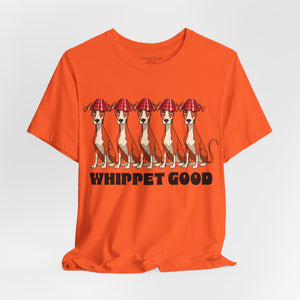 Natural t-shirt with 'Whippet Good Devo 80's Music Funny' design on a white background