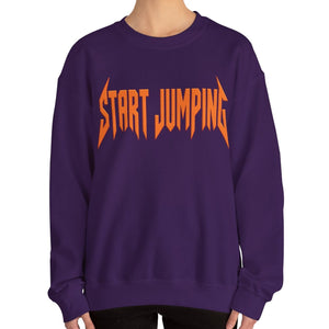 Close up of a purple sweatshirt that says Start Jumping