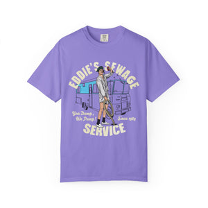 Purple t-shirt with logo graphic and text 'Eddie's Sewage Service You Dump We Pump Since 1989'.