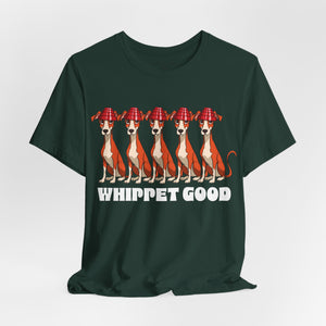 Silver t-shirt with 'Whippet Good Devo 80's Music Funny' design on a white background