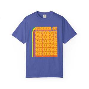 Blue t-shirt with 'Summer of George' text design on a white background