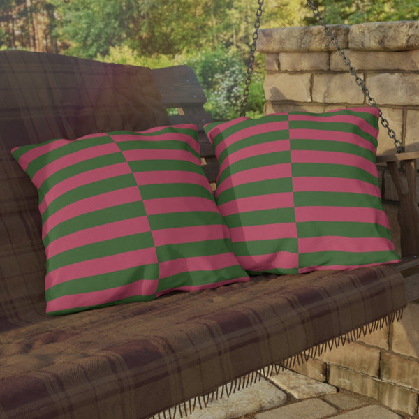 Pink and Green Striped Indoor Outdoor Throw Pillow