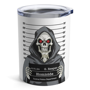 mug with 'Grim Reaper Shot Funny Insulated Travel 10oz' graphic on a white background