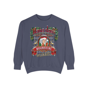 Navy blue sweatshirt with a graphic design of a woman in a Santa hat and the text 'Mama Claus Moonshine Distillery' on a white background.