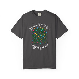dark grey t-shirt with a graphic of a tangled ball of lights with text It's fine, this is fine, everything is fine.
