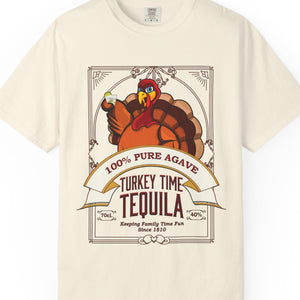 Beige t-shirt with a tequila label design featuring a turkey on a white background