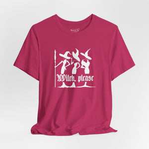 Pink t-shirt with witch graphic and 'Witch Please' text on a white background