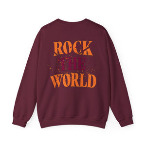 The back of a maroon sweatshirt that says Rock the World on a white background.