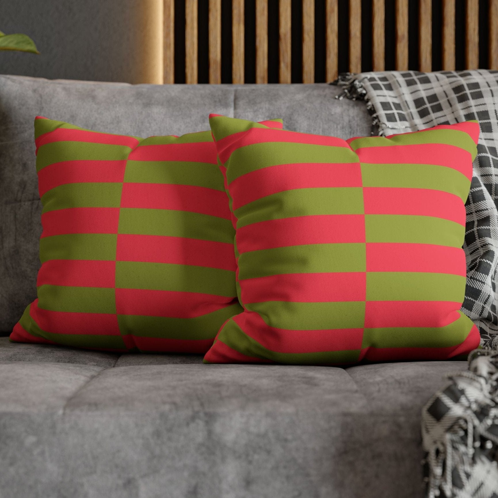 Pink and Green Striped Vibrant Faux Suede Christmas Pillow Cover