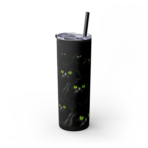 mug with 'Bewitching Black Cats Eyes Halloween Insulated Tumbler 20oz' graphic on a white background