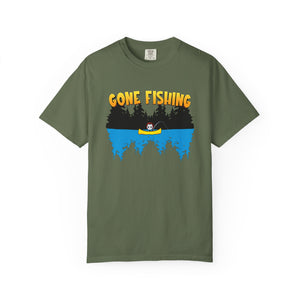Green t-shirt with 'Gone Fishing' graphic on a white background