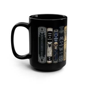 Black coffee mug with Halloween books design.