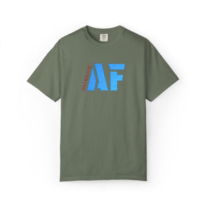 Green t-shirt with blue and red text on a white background
