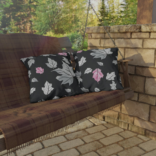 Dark Grey & Pink Fall Leaves Indoor Outdoor Pillow