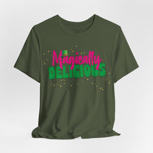 Team purple t-shirt with 'Magically Delicious Funny St. Patrick's Day' design on a white background