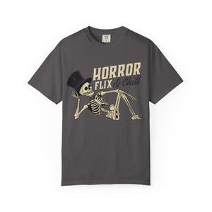 Dark gray t-shirt with 'Horror Flix & Chill Skeleton Halloween' design on a white background