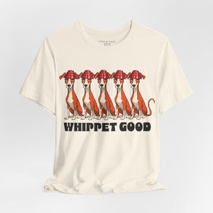 Navy blue t-shirt with 'Whippet Good Devo 80's Music Funny' design on a white background