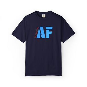 Navy blue t-shirt with 'Patriotic AF' text in blue on a white background
