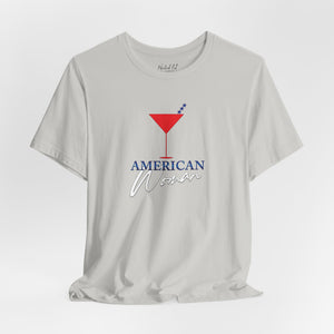 Orange t-shirt with 'American Woman Patriotic Martini July 4th' design on a white background