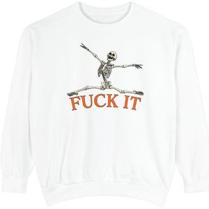 White sweatshirt with skeleton design and 'F*ck It' text on a white background