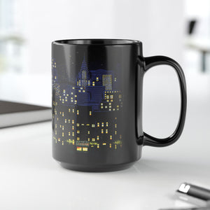 mug with 'Starry Night New York City Art' graphic on a white background
