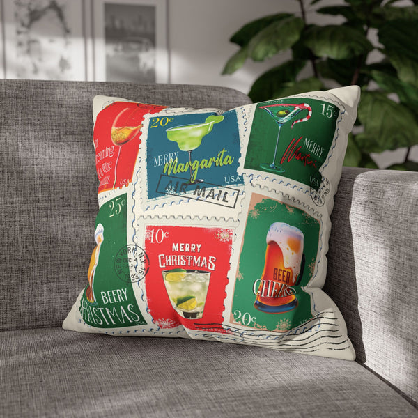 Christmas Cocktail Stamps Faux Suede Pillow Cover