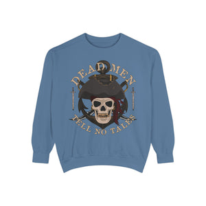 White sweatshirt with 'Dead Men Tell No Tales Pirate Skull' design on a plain background