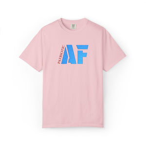 Pink t-shirt with 'Patriotic AF' text on a white background